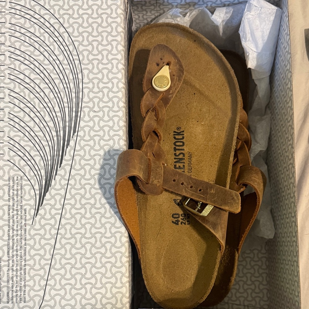 Birkenstock Tan Braided Sandals with Gold Button